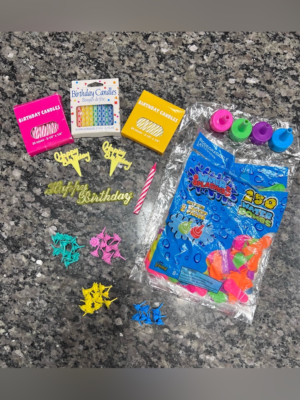 lot of birthday party cake, and cupcake decorations with balloons